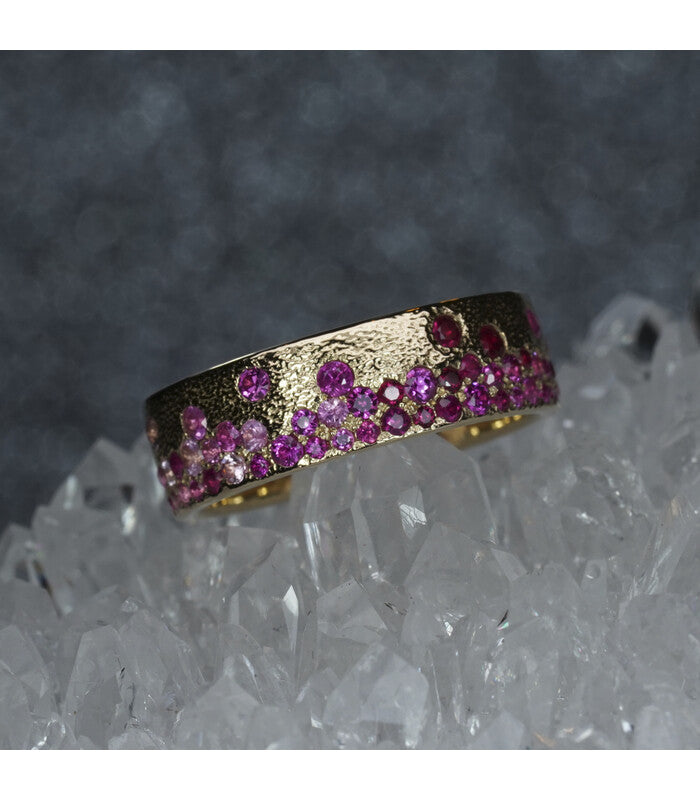 Rain Drop Ring - Fire & Ice Ombre - Pink Sapphire To Ruby (7 Mm Wide Band)